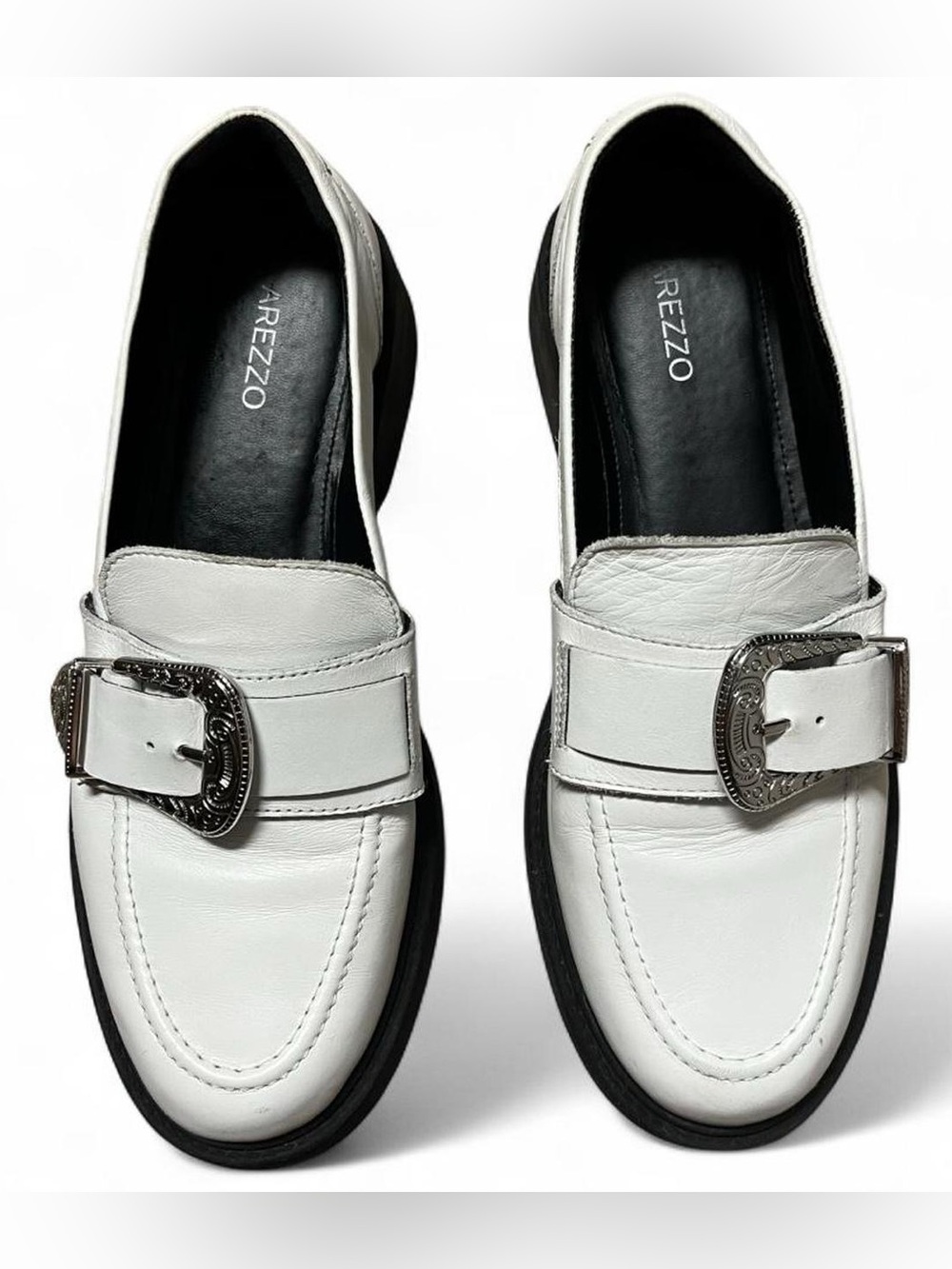 Arezzo Brazilian White Leather Western Buckle Heeled Loafers